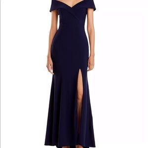 Aqua brand off the shoulder navy blue gown